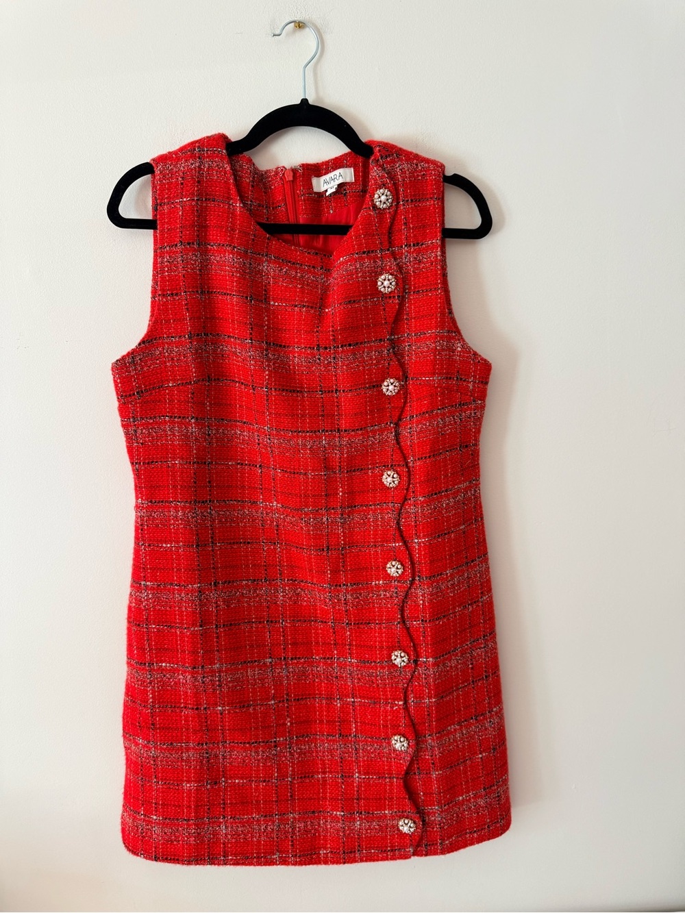 Avara Red Tweed Sleeveless Shift Dress with Decorative Buttons